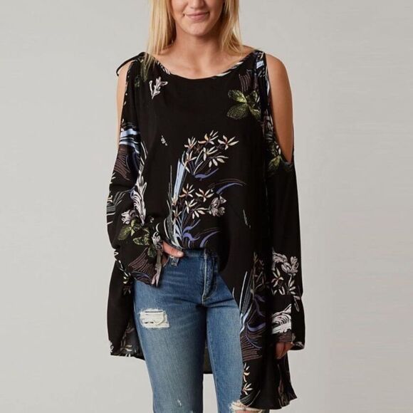 Free People Black Floral Cold Shoulder Tunic Dress Boho Feminine Contemporary - Picture 4 of 15